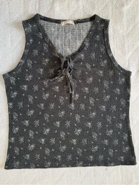 Charcoal Gray Ribbed Floral Tie Front Tank Soft Grunge Casual Top